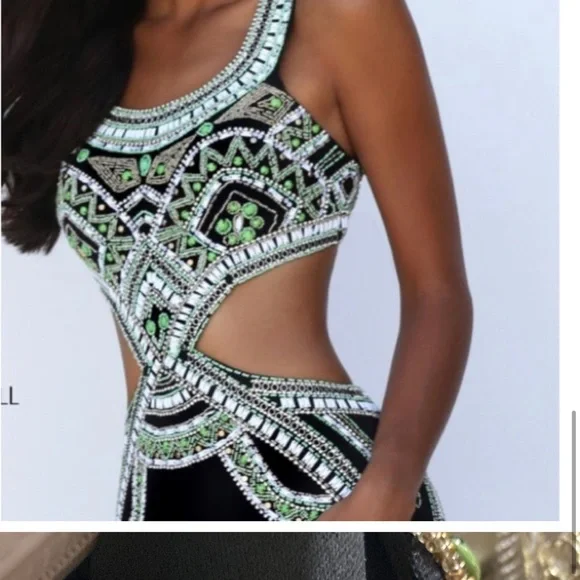 Sherri Hill Black and Green Embellished Prom Dress - Picture 1 of 5